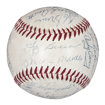1957 New York Yankees American League Champions Team Signed OAL Harridge Baseball With 27 Signatures Including Mantle, Berra, Slaughter & Stengel (Beckett)
